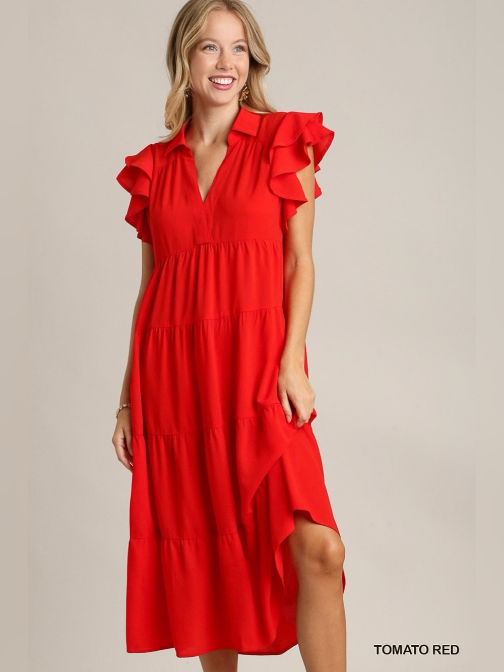 Umgee Tiered Flutter Sleeve Midi Dress Tomato Red Boho Cottagecore Casual S